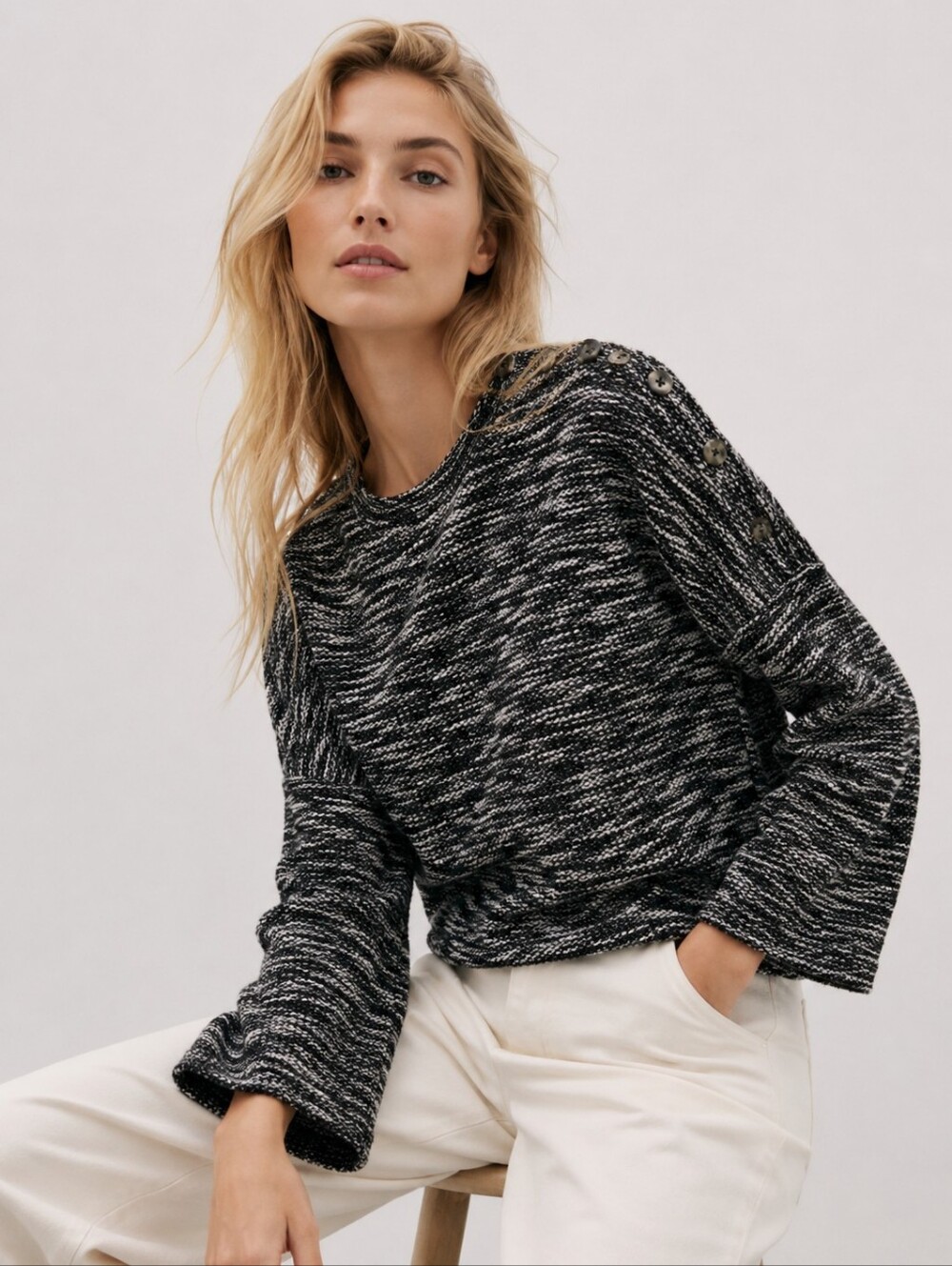 MADEWELL Sweater Womens XS Black White Marled Button Shoulder Minimalist Scandi